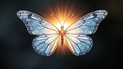 Radiant Metamorphosis: A stunning butterfly with translucent wings and a vibrant central glow is a symbol of transformation and beauty.