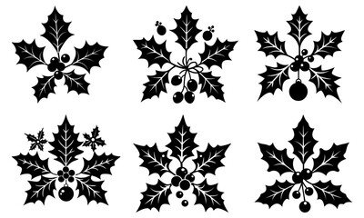 Collection of six stylized holly berry and leaf arrangements in star shapes in black and white