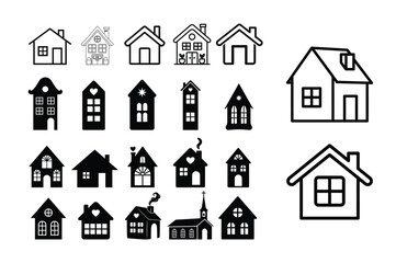 House Silhouette and Outline Vector Icon Bundle