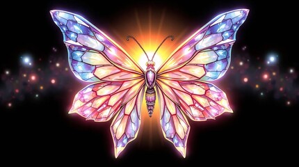 Butterfly's ethereal charm: A captivating image of a vividly colored butterfly, its delicate wings spread, glowing with a radiant internal light and surrounded by sparkling particles.