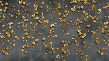 A dark gray wall with golden flowers and vines hanging from it, creating a textured and artistic background.