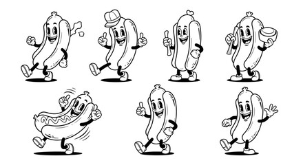 Vintage Cartoon Hot Dog Characters Set Fun Food Mascot Collection.