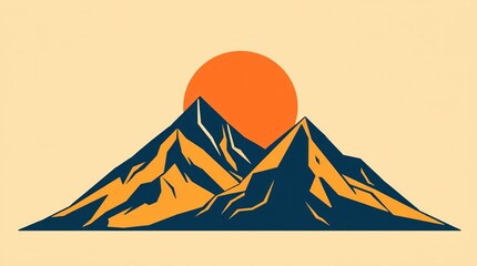 Majestic Mountain Peaks at Sunset: An artistic rendering of towering mountain peaks silhouetted against a vibrant orange sun during sunset, showcasing the beauty of the landscape.