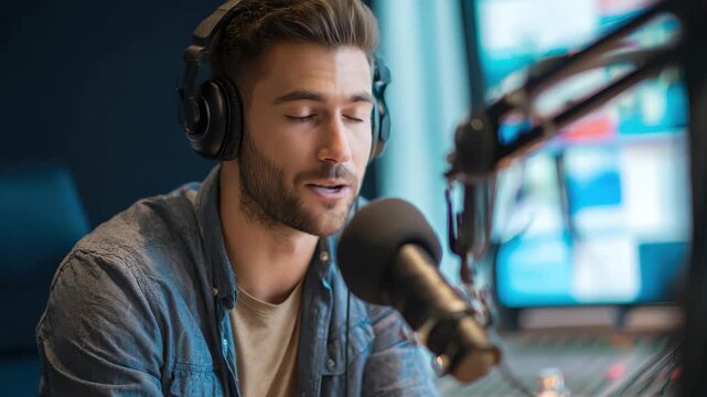 Happy radio presenter engages listeners with lively commentary during a live broadcast in a modern studio filled with colorful screens