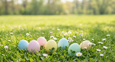Pastel colored Easter eggs hidden in green grass with white flowers