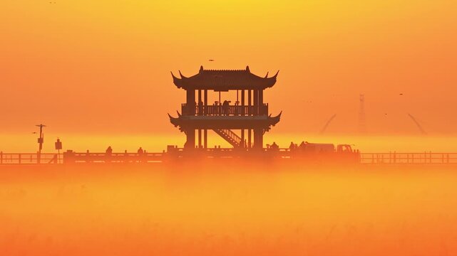 Sunrise over Poyang Lake wetlands, flocks of migratory birds, geese, and white storks