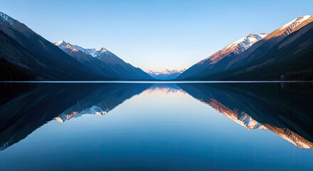 A tranquil landscape featuring a mountain lake reflecting the surrounding mountains and sky at sunrise.