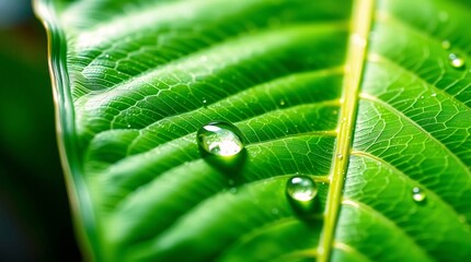 Dew-Kissed Leaf: A close-up shot captures the delicate beauty of a vibrant green leaf adorned with sparkling water droplets, showcasing nature's purity and tranquility.