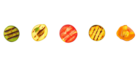 Sliced grilled fruits including lime peach tomato and apricot with grill marks isolated on a transparent background