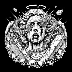Angelic figure with snake and skulls dark fantasy art.