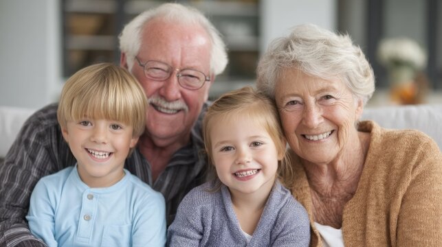A smiling grandfather and grandmother with their two grandchildren, all sitting on a couch in a cozy living room with a warm, inviting atmosphere.