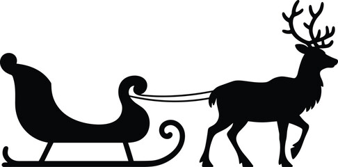 Silhouette illustration of reindeer pulling a traditional sleigh, representing winter holiday themes, Christmas transport, festive season imagery, and classic northern traditionsSilhouette 