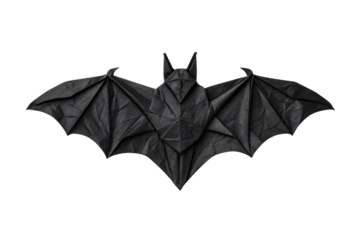 Black geometric origami bat with spread wings and pointed ears design, isolated on a transparent background