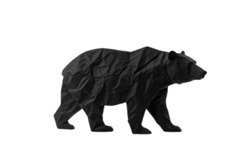 Black crumpled paper textured bear silhouette walking in side profile view, isolated on a transparent background
