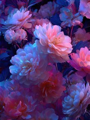 Obraz premium gentle flowers illuminated by neon lights in a gradient of blue and pink hues