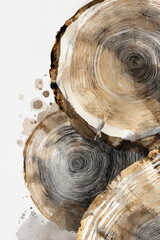 Wood Rings Watercolor. Natural Tree Slice Art Texture
