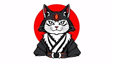 Samurai Cat: A stylized illustration of a valiant cat in traditional samurai attire, set against a bold red backdrop.