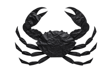 Black crumpled paper crab with large claws extended and segmented legs, isolated on a transparent background