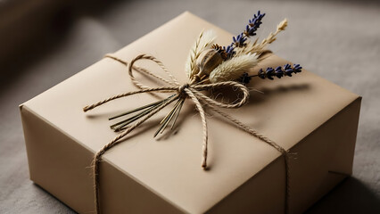 Handcrafted gift box with lavender and twine decoration on neutral background