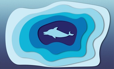 Blue sea with swimming fish, background image, illustration