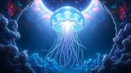 Celestial Jellyfish: An ethereal jellyfish floats gracefully through a cosmic realm, its translucent form glowing with celestial light amidst swirling nebulas and distant planets.