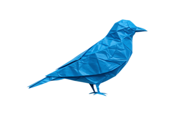 Origami crow standing with detailed folded texture and structured form in vibrant blue, isolated on a transparent background
