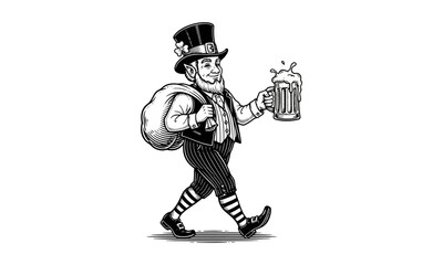 Naklejka premium Whimsical bearded figure in traditional striped attire and top hat, walking merrily with a full sack and a frothy mug of ale, embodying celebration and good fortune