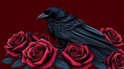 Raven and Roses: A raven perches majestically atop a bed of blooming red roses, against a deep, dramatic backdrop.