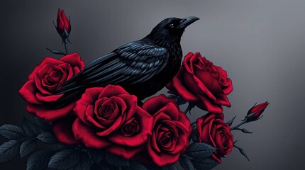 Raven and Roses: A raven perches majestically atop a bed of lush, deep red roses, creating a striking contrast of dark and vibrant hues. This scene captures an aura of mystery and elegance.