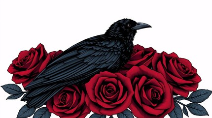 Raven and Roses: A raven perches majestically atop a bed of lush, deep red roses. The contrasting colors create a captivating visual of the raven's dark feathers.