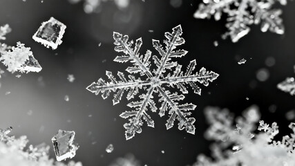 A macro shot of a snowflake against a dark background. Suitable for themes related to winter, Christmas, and nature.