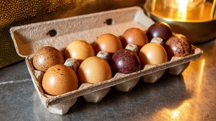 Close up of ten assorted brown eggs in a carton