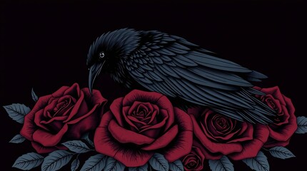 Raven and Roses: A raven with piercing eyes perched atop a bed of blooming red roses. The bird exudes a sense of mystique, the roses symbolize the dark side of beauty. A beautiful contrast.