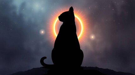 Celestial Silhouette: A mysterious black cat, a sentinel against the backdrop of an awe-inspiring celestial event, embodying a sense of wonder and cosmic intrigue.