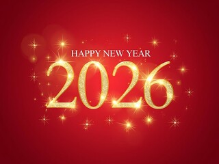 Golden happy new year 2026 with sparkling lights on red background