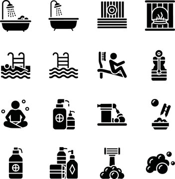 Set of bathroom and spa icons representing hygiene relaxation and personal care elements like bathtubs showers pools and toiletries