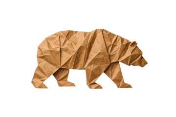 Detailed origami bear walking pose with textured folded paper creating dimensional form and natural appearance, isolated on a transparent background