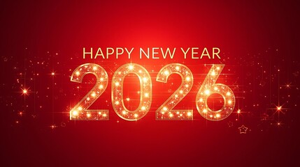 Sparkling gold 2026 happy new year celebration on red background