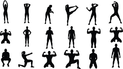 Dynamic human silhouettes, body movement, physical pose, gesture variety, fitness icon, martial arts stance, stretching motion, squatting figure, anatomy study, 
