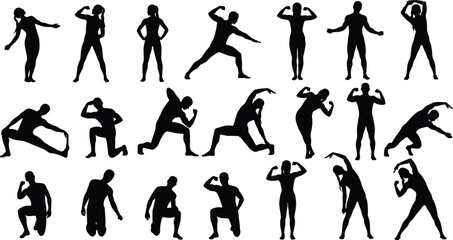 Dynamic human silhouettes, body movement, exercise pose, dance gesture, flexing figure, stretching motion, squatting stance, posture icon, anatomy study, motion grid, expressive form, fitness