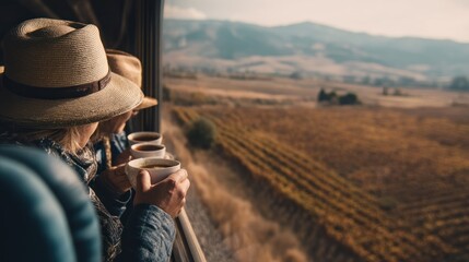 Two people wearing straw hats, one holding a cup of coffee, looking out of a train window with a scenic landscape and mountains in the background.