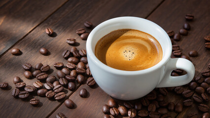 Fresh tasty espresso cup of hot coffee with coffee beans on dark background