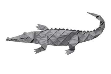 Gray origami alligator with geometric segmented body scales and curved upward tail design, isolated on a transparent background