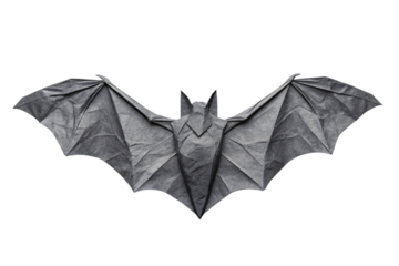 Gray origami bat with spread wings geometric folded pattern and pointed ears design, isolated on a transparent background