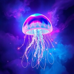 Glowing Neon Jellyfish: A mesmerizing neon jellyfish drifts gracefully through a cosmic, vibrant ocean, showcasing a symphony of luminous colors.