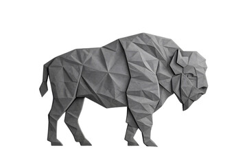 Gray origami buffalo with angular geometric facets showing triangular paper folding patterns throughout body, isolated on a transparent background