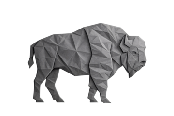 Gray origami buffalo with angular geometric facets showing triangular paper folding patterns throughout body, isolated on a transparent background