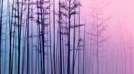 Silhouetted bamboo trees against a pink and purple gradient background, with a soft focus effect, creating a dreamy and ethereal atmosphere.