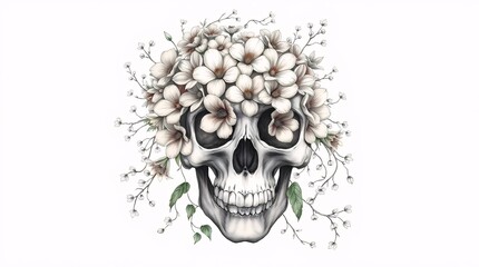 Memento Mori: A skull adorned with delicate floral elements, creating a captivating juxtaposition of mortality and beauty. It whispers of life's transient nature. 
