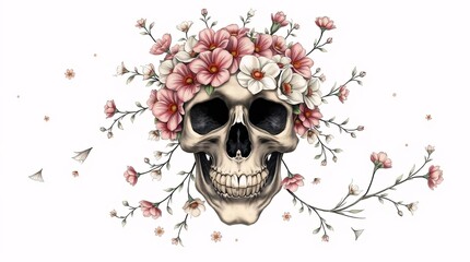 Memento Mori: Skull adorned with delicate pink and white flowers, evoking a sense of beauty in transience, perfect for exploring themes of life, death, and remembrance.